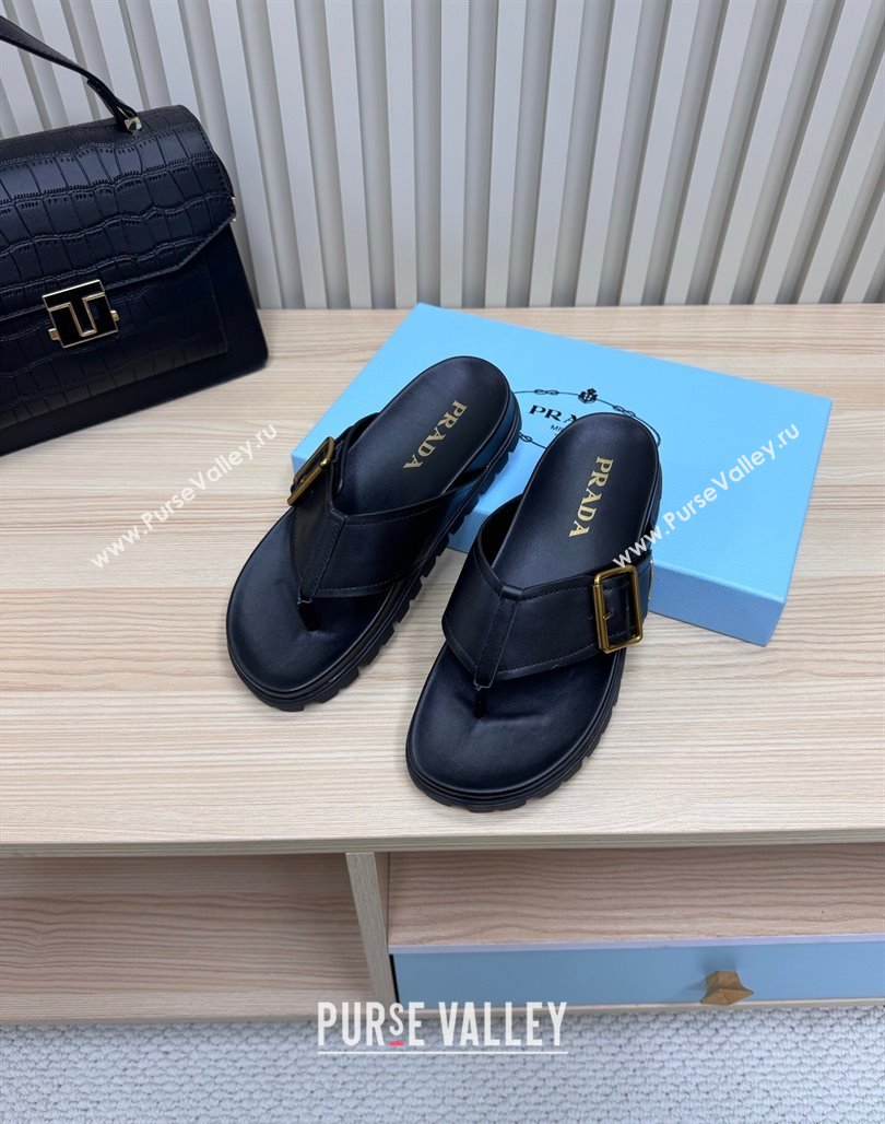 Prada Leather Flat Thong Slide Sandal Black 2025 PR042404 (MD-250424131)
