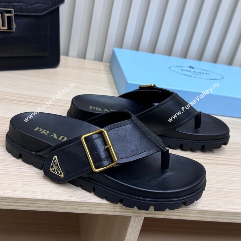 Prada Leather Flat Thong Slide Sandal Black 2025 PR042404 (MD-250424131)