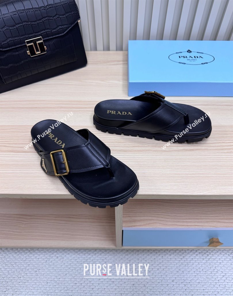 Prada Leather Flat Thong Slide Sandal Black 2025 PR042404 (MD-250424131)