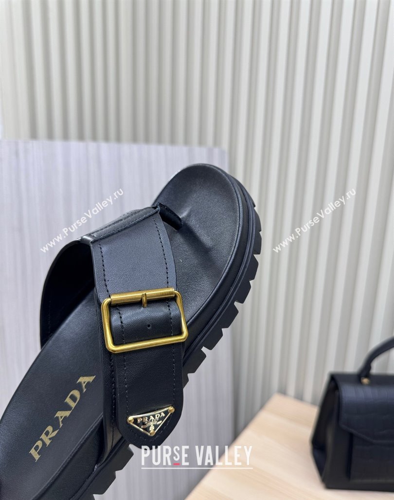 Prada Leather Flat Thong Slide Sandal Black 2025 PR042404 (MD-250424131)