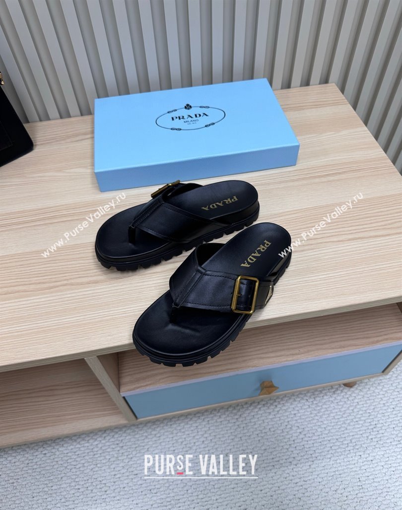 Prada Leather Flat Thong Slide Sandal Black 2025 PR042404 (MD-250424131)