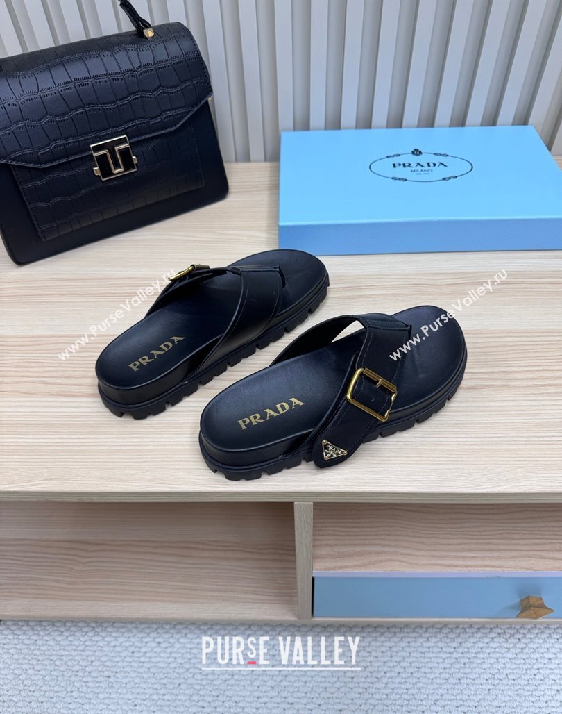 Prada Leather Flat Thong Slide Sandal Black 2025 PR042404 (MD-250424131)