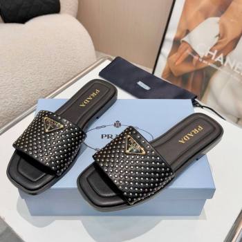 Prada Nappa leather flat slides sandal with studs Black 2025 1XX760 (MD-250424135)
