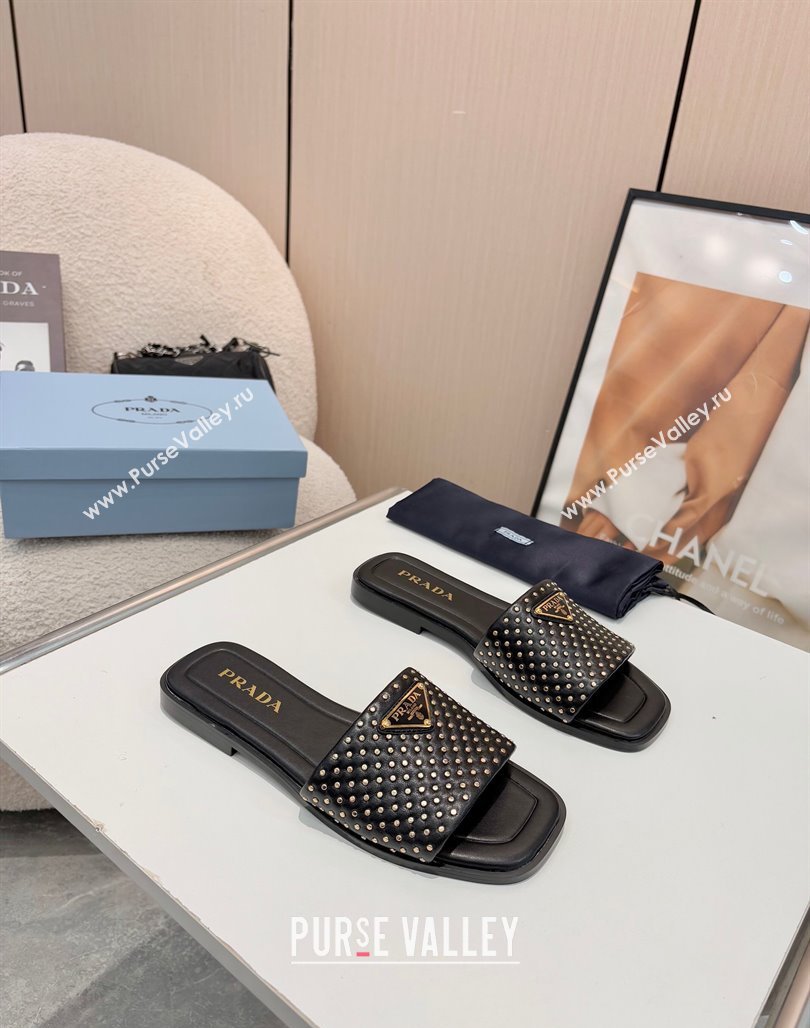Prada Nappa leather flat slides sandal with studs Black 2025 1XX760 (MD-250424135)