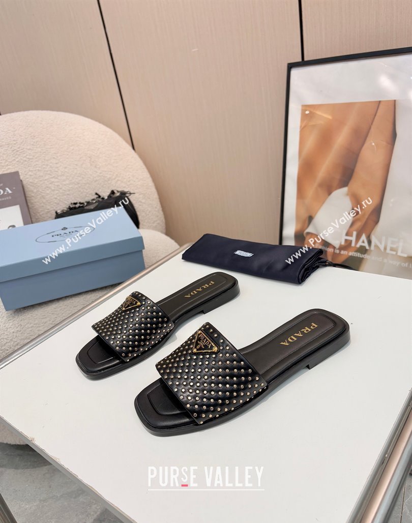 Prada Nappa leather flat slides sandal with studs Black 2025 1XX760 (MD-250424135)
