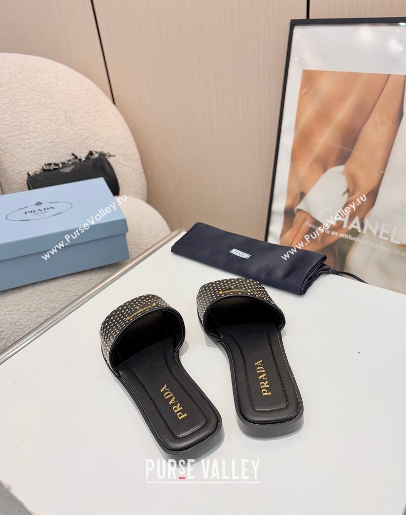 Prada Nappa leather flat slides sandal with studs Black 2025 1XX760 (MD-250424135)