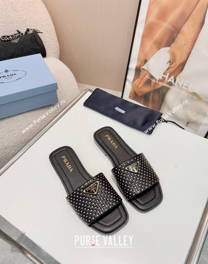 Prada Nappa leather flat slides sandal with studs Black 2025 1XX760 (MD-250424135)
