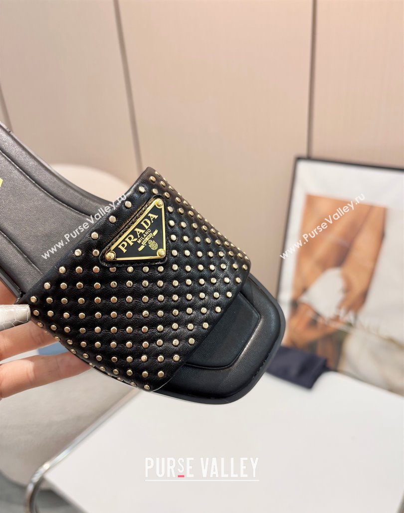 Prada Nappa leather flat slides sandal with studs Black 2025 1XX760 (MD-250424135)