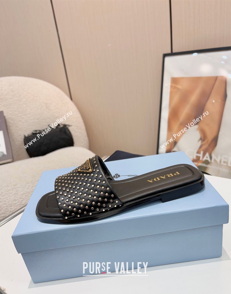 Prada Nappa leather flat slides sandal with studs Black 2025 1XX760 (MD-250424135)