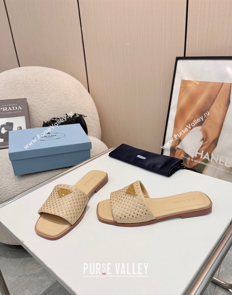 Prada Nappa leather flat slides sandal with studs Beige 2025 1XX760 (MD-250424136)