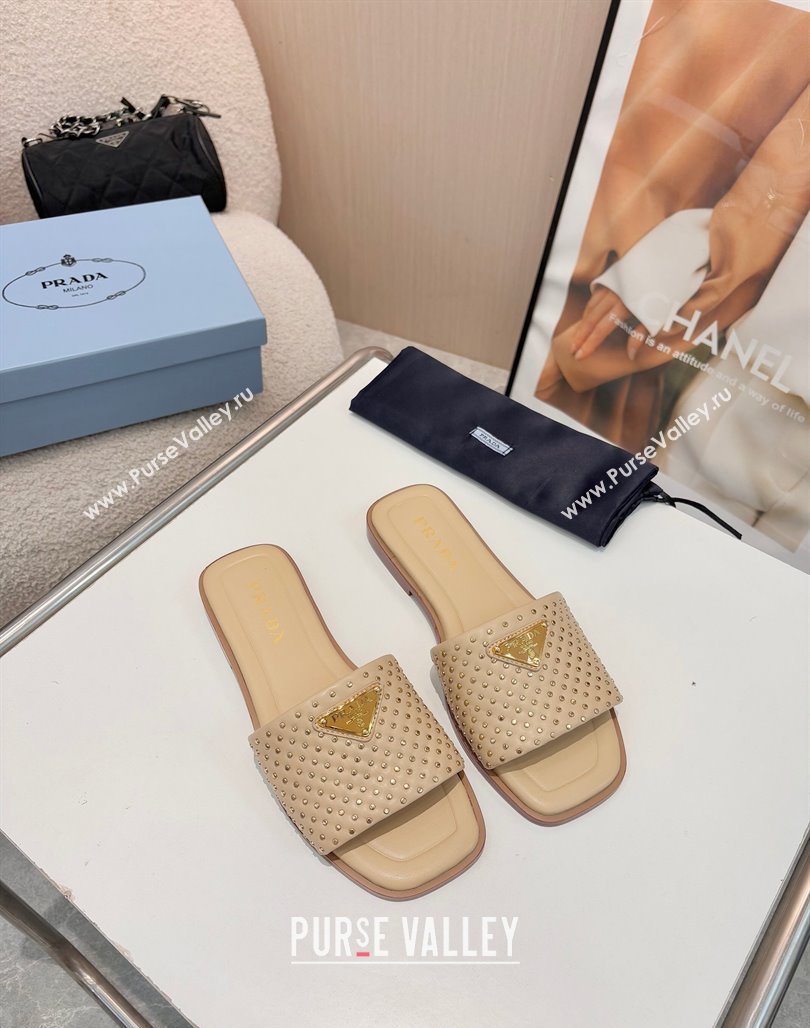 Prada Nappa leather flat slides sandal with studs Beige 2025 1XX760 (MD-250424136)