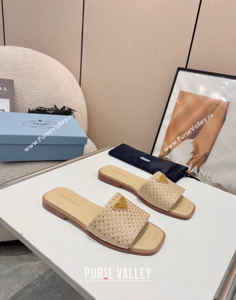 Prada Nappa leather flat slides sandal with studs Beige 2025 1XX760 (MD-250424136)