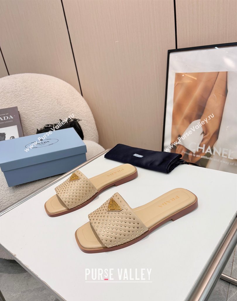 Prada Nappa leather flat slides sandal with studs Beige 2025 1XX760 (MD-250424136)
