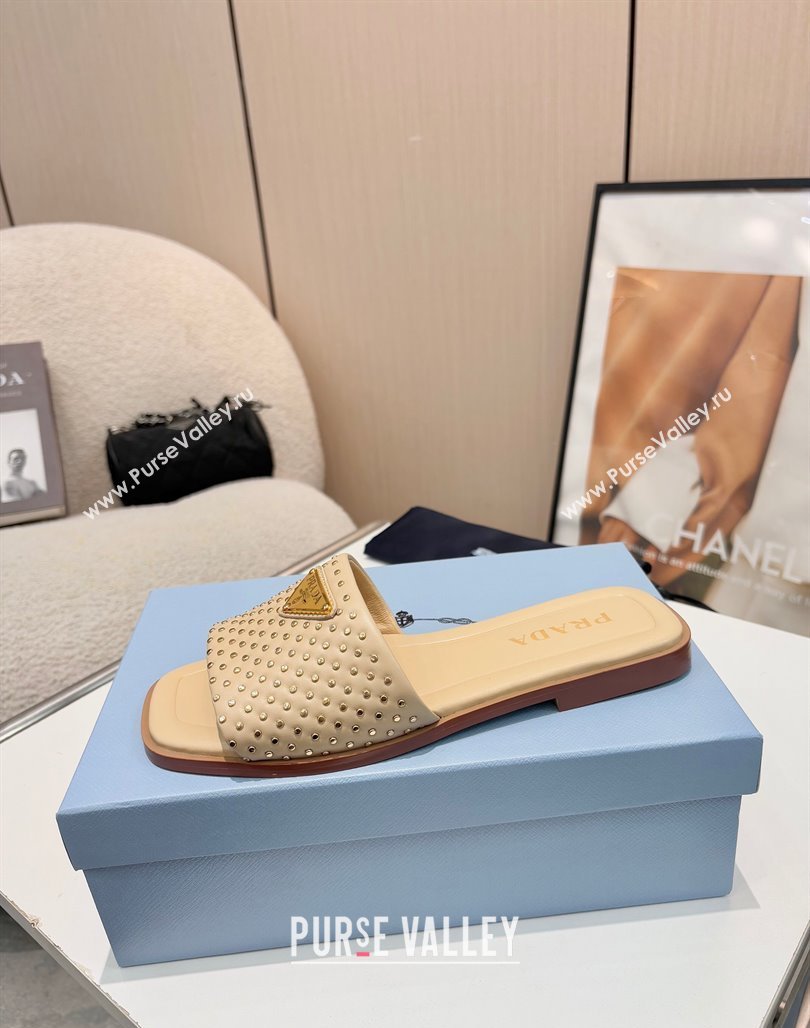 Prada Nappa leather flat slides sandal with studs Beige 2025 1XX760 (MD-250424136)