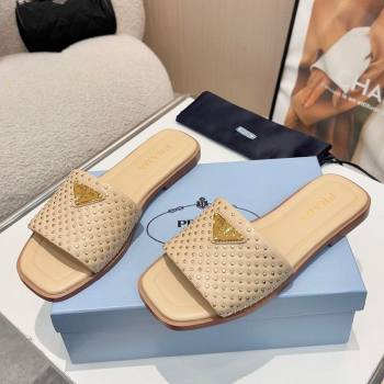 Prada Nappa leather flat slides sandal with studs Beige 2025 1XX760 (MD-250424136)