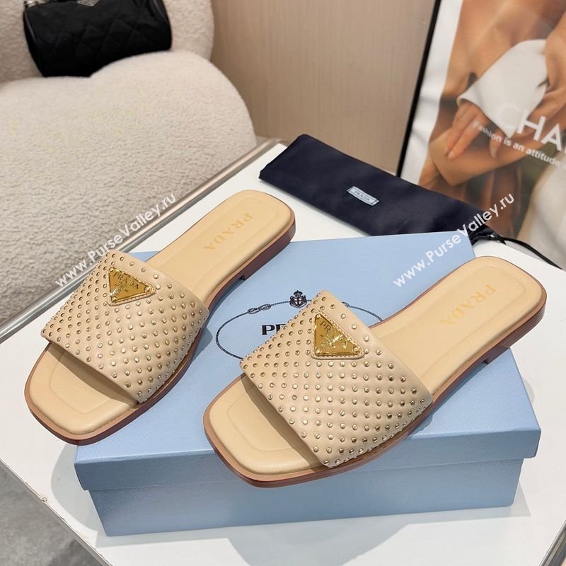 Prada Nappa leather flat slides sandal with studs Beige 2025 1XX760 (MD-250424136)