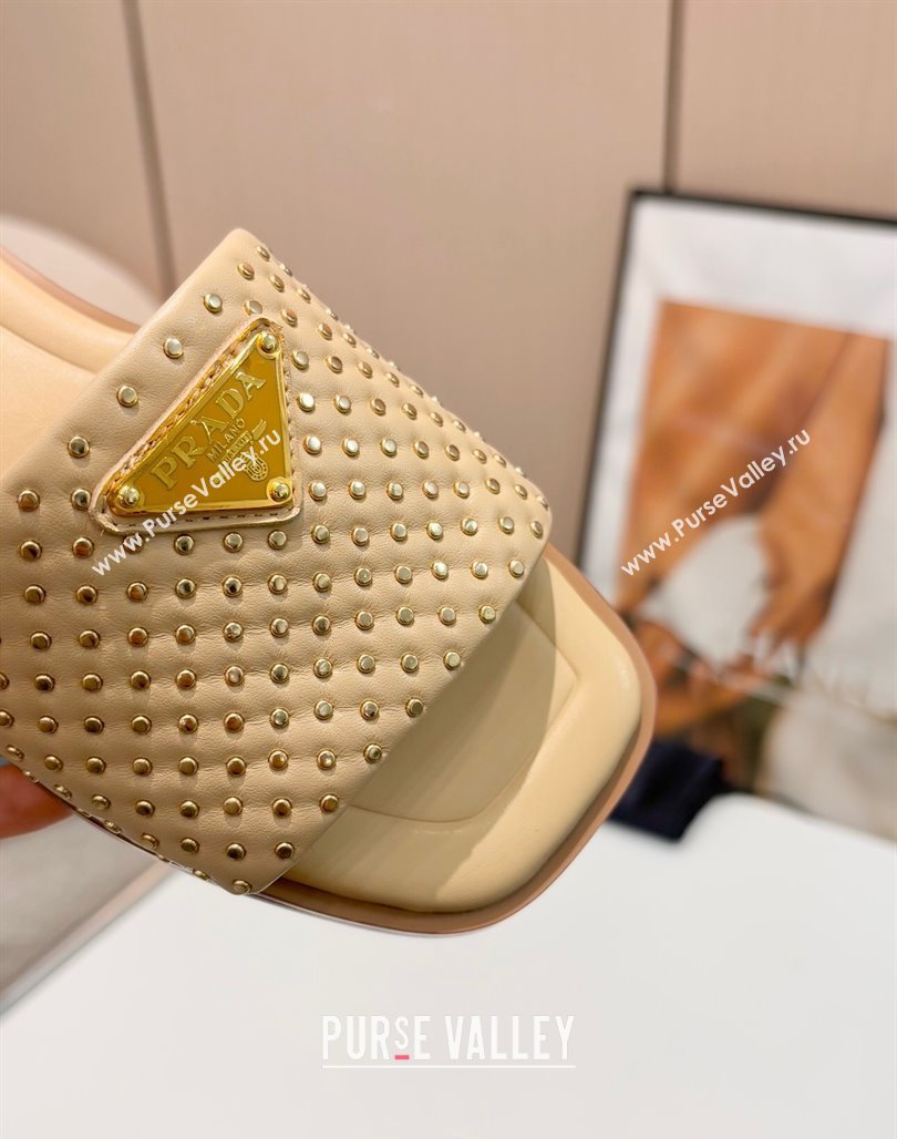 Prada Nappa leather flat slides sandal with studs Beige 2025 1XX760 (MD-250424136)