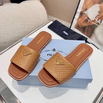 Prada Nappa leather flat slides sandal with studs Brown 2025 1XX760 (MD-250424137)