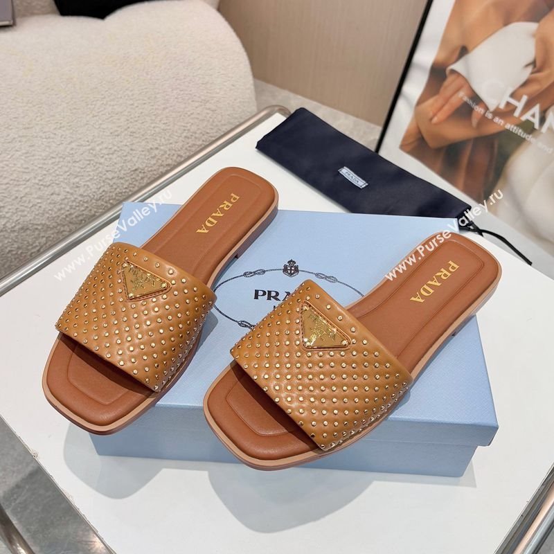 Prada Nappa leather flat slides sandal with studs Brown 2025 1XX760 (MD-250424137)