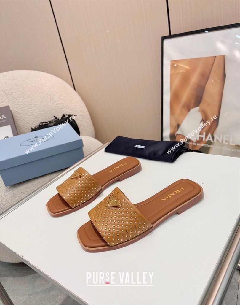 Prada Nappa leather flat slides sandal with studs Brown 2025 1XX760 (MD-250424137)