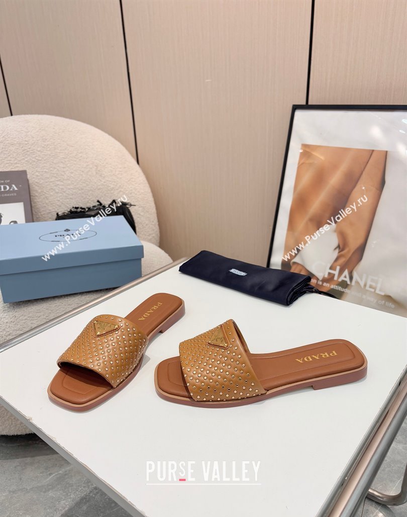 Prada Nappa leather flat slides sandal with studs Brown 2025 1XX760 (MD-250424137)