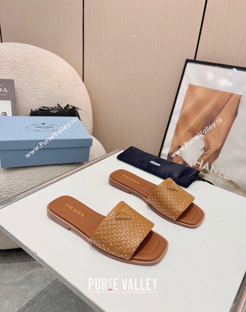 Prada Nappa leather flat slides sandal with studs Brown 2025 1XX760 (MD-250424137)