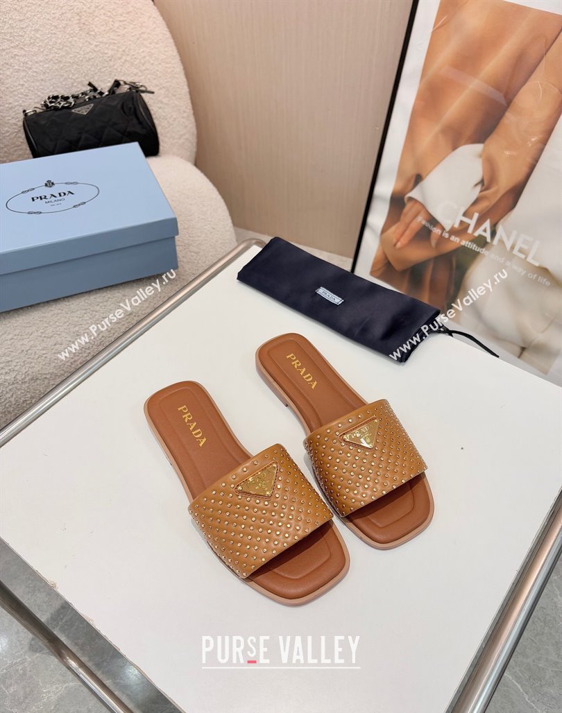 Prada Nappa leather flat slides sandal with studs Brown 2025 1XX760 (MD-250424137)