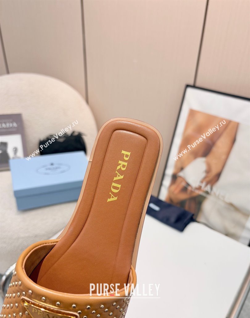 Prada Nappa leather flat slides sandal with studs Brown 2025 1XX760 (MD-250424137)