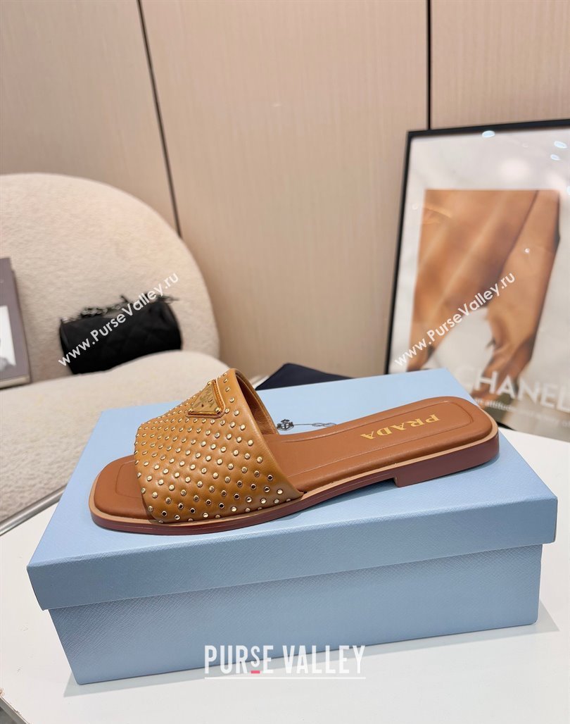 Prada Nappa leather flat slides sandal with studs Brown 2025 1XX760 (MD-250424137)