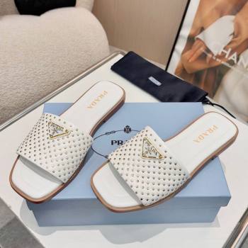 Prada Nappa leather flat slides sandal with studs White 2025 1XX760 (MD-250424138)