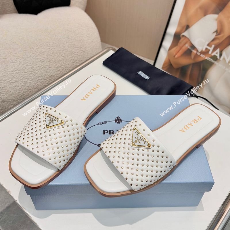 Prada Nappa leather flat slides sandal with studs White 2025 1XX760 (MD-250424138)