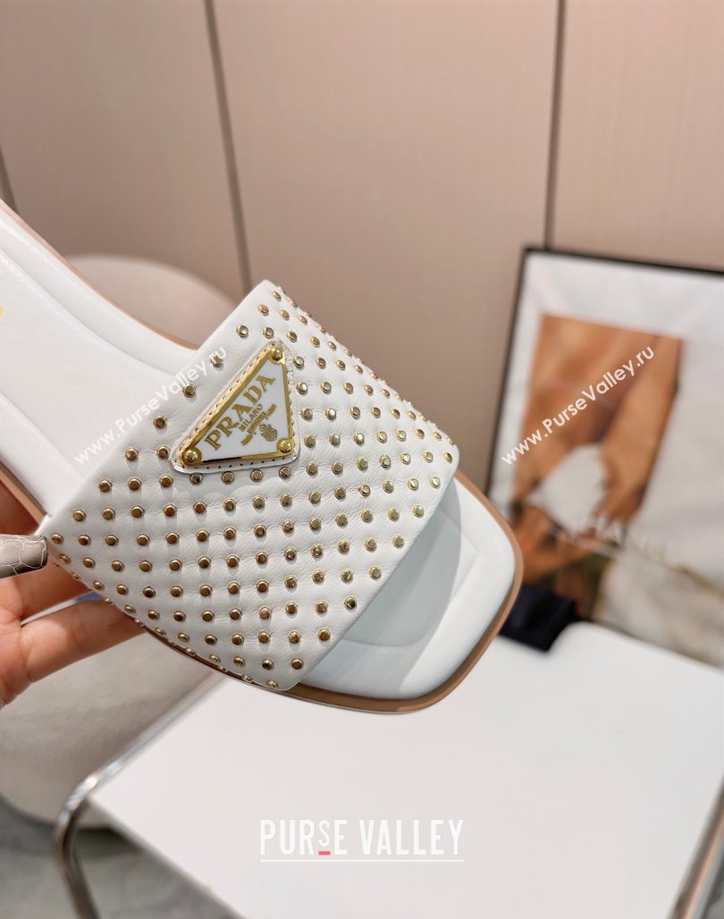 Prada Nappa leather flat slides sandal with studs White 2025 1XX760 (MD-250424138)