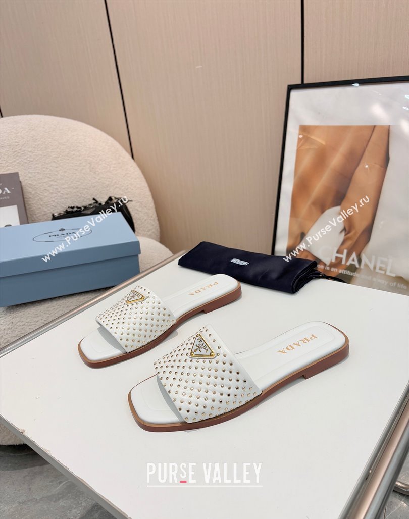 Prada Nappa leather flat slides sandal with studs White 2025 1XX760 (MD-250424138)
