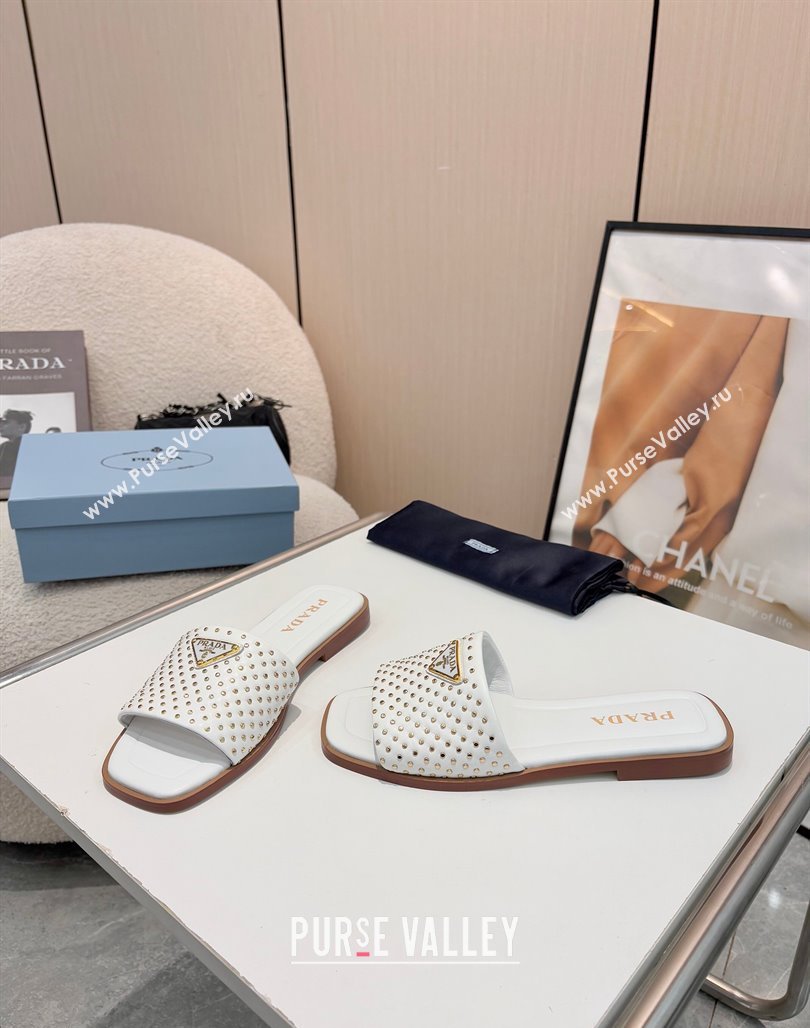 Prada Nappa leather flat slides sandal with studs White 2025 1XX760 (MD-250424138)