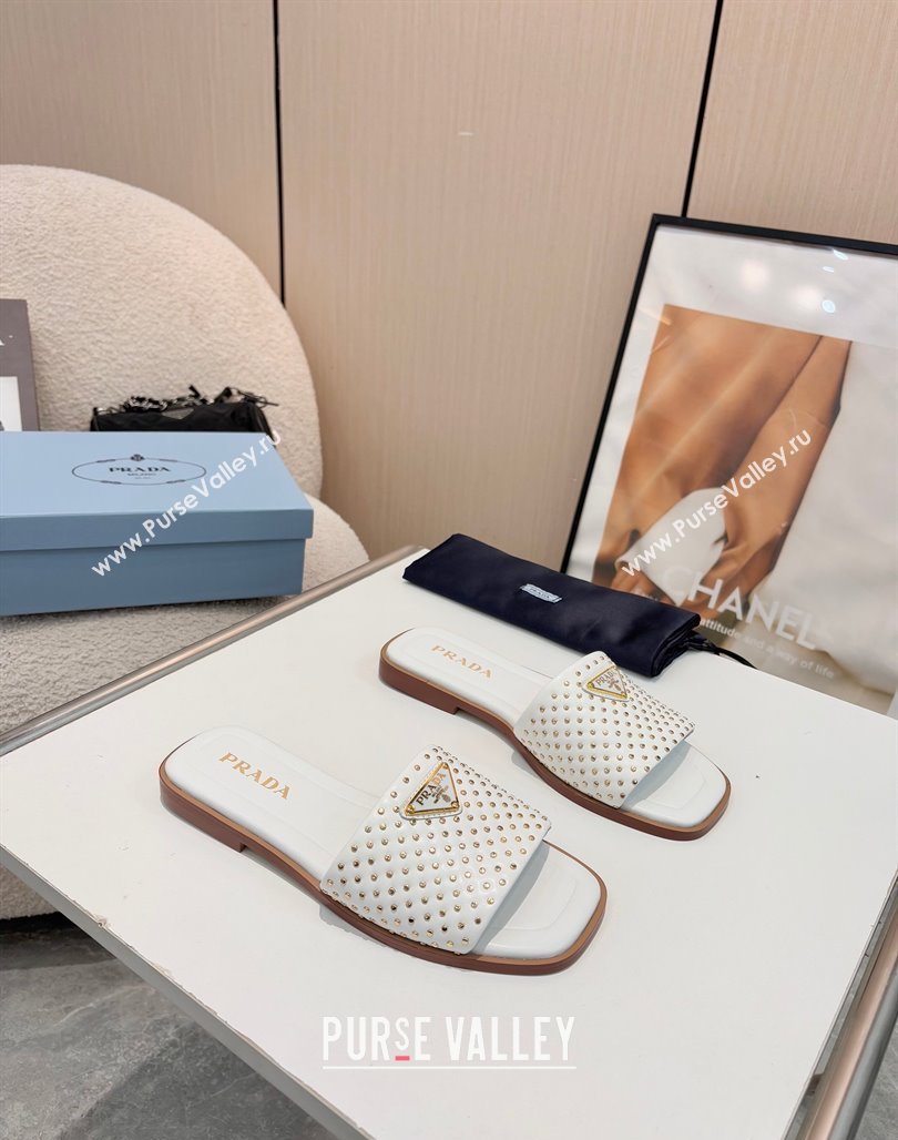 Prada Nappa leather flat slides sandal with studs White 2025 1XX760 (MD-250424138)