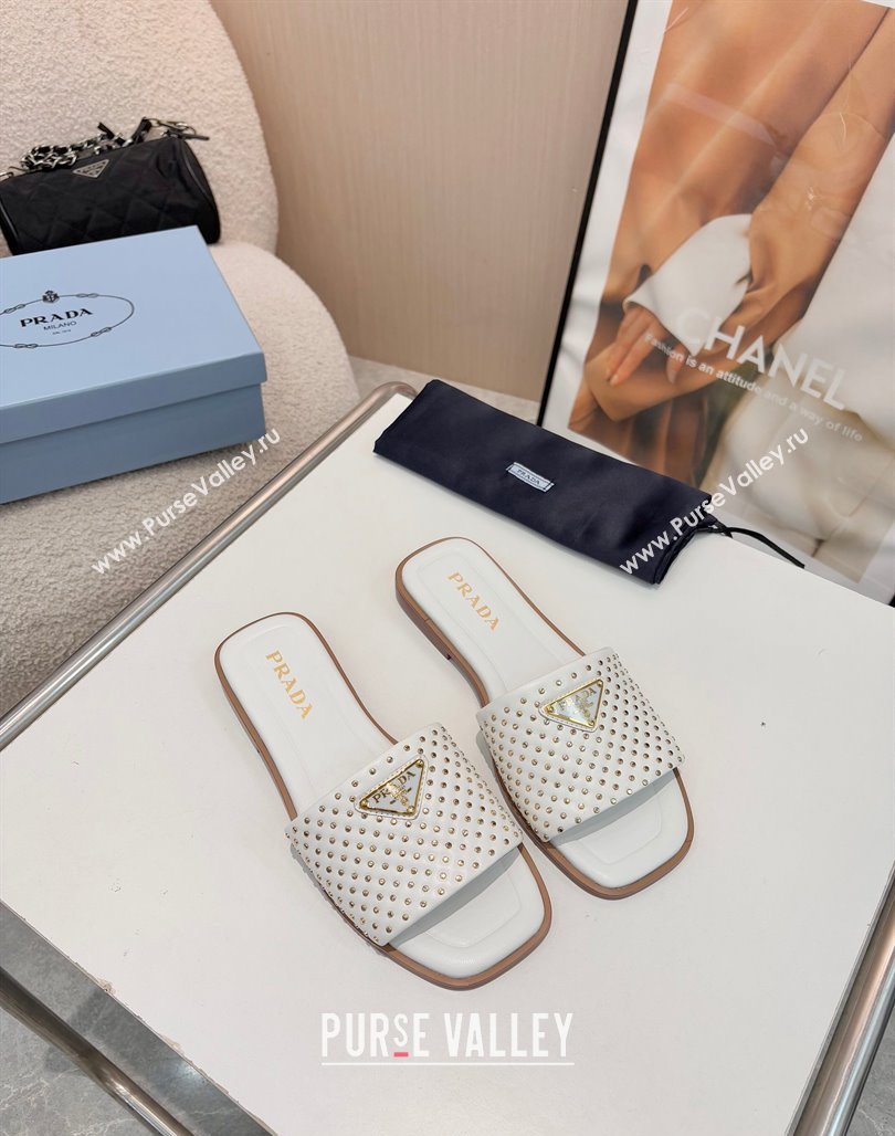 Prada Nappa leather flat slides sandal with studs White 2025 1XX760 (MD-250424138)