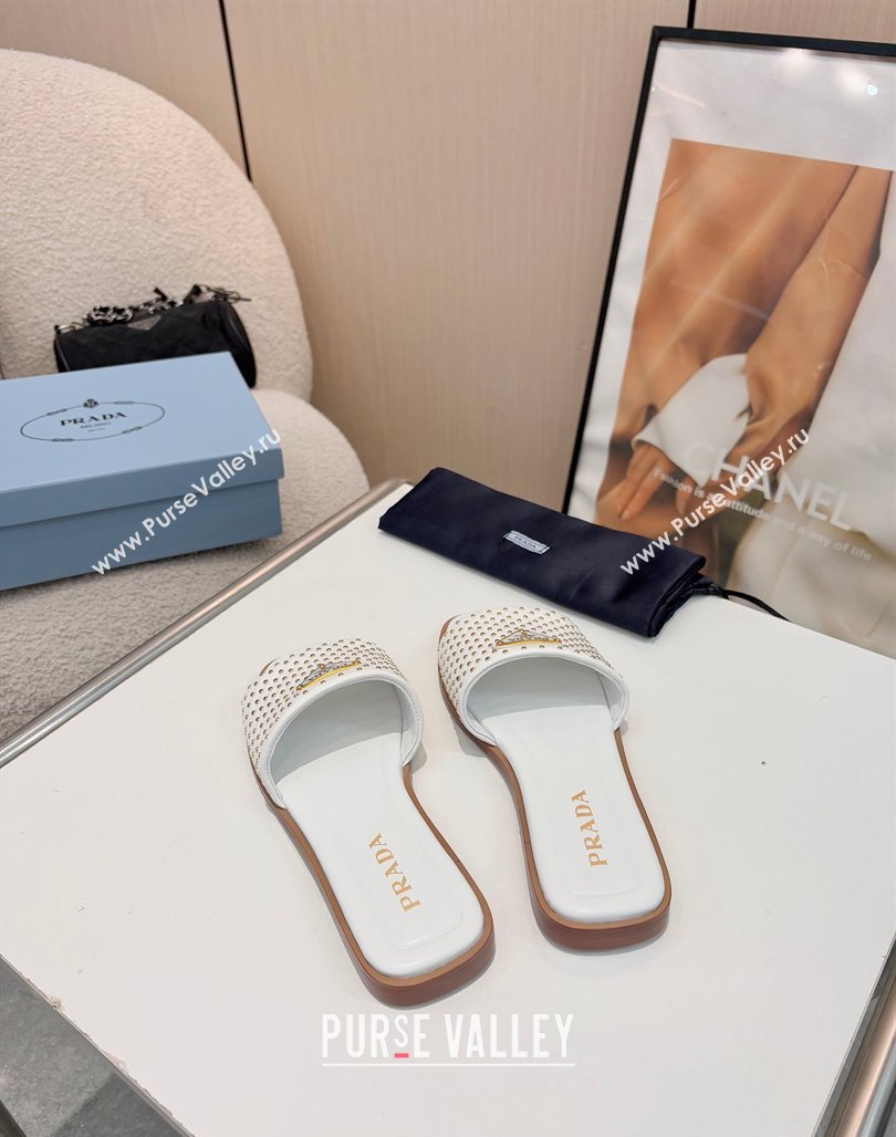 Prada Nappa leather flat slides sandal with studs White 2025 1XX760 (MD-250424138)