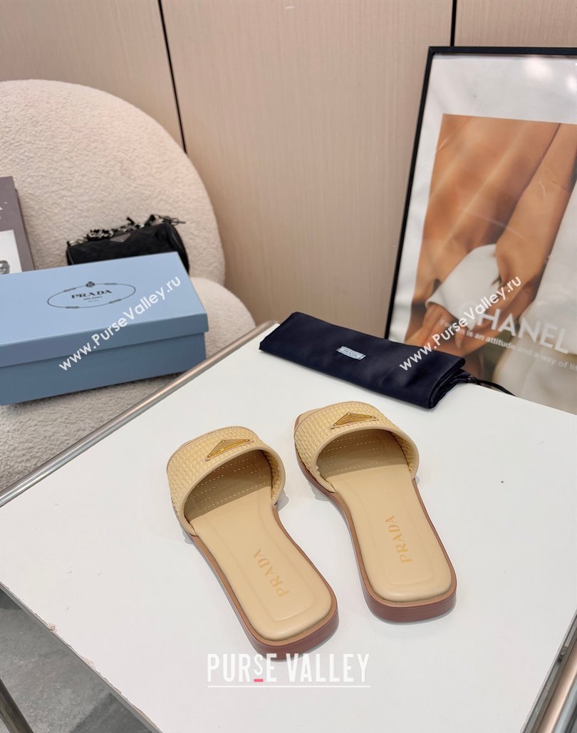 Prada Leather flat slides sandal with crochet details Beige 2025 1XX758 (MD-250424139)