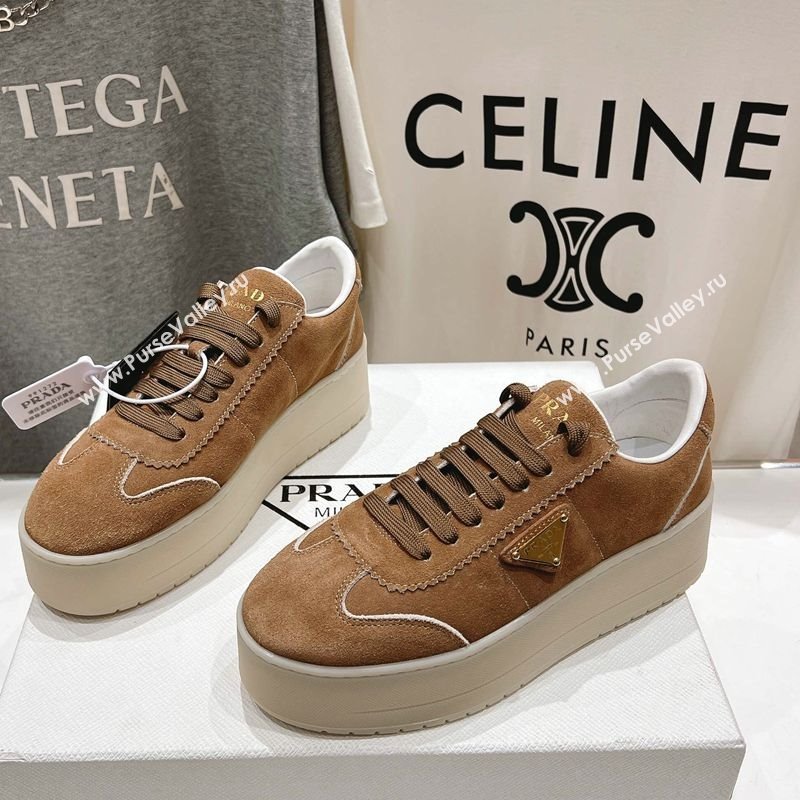 Prada Downtown Bold Suede Sneakers Tan Brown 2025 1E928N (MD-250424090)