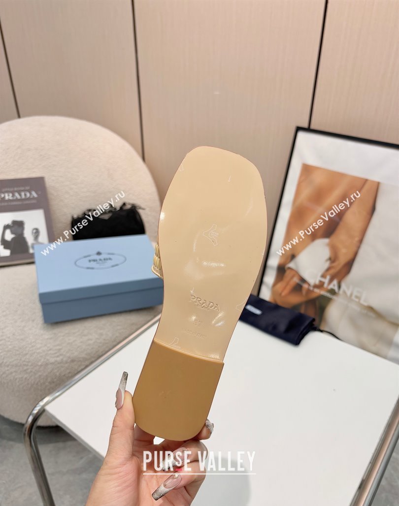 Prada Leather flat slides sandal with crochet details Beige 2025 1XX758 (MD-250424139)