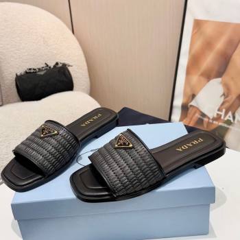 Prada Leather flat slides sandal with crochet details Black 2025 1XX758 (MD-250424140)