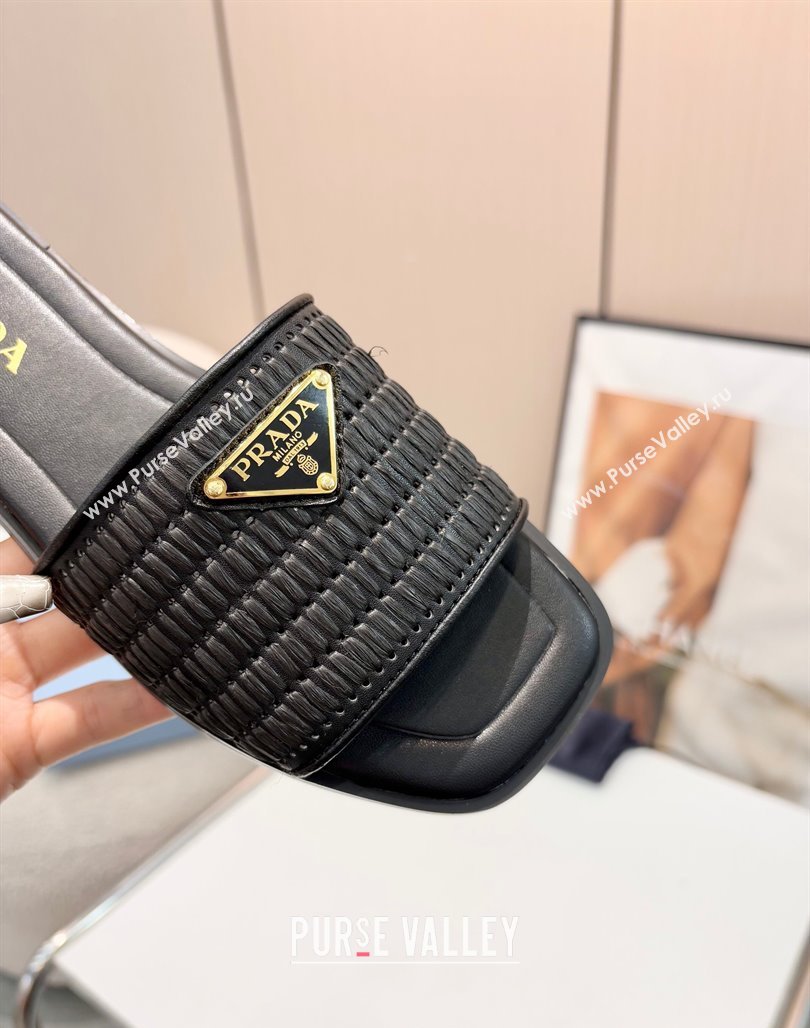 Prada Leather flat slides sandal with crochet details Black 2025 1XX758 (MD-250424140)