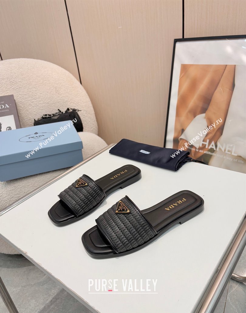Prada Leather flat slides sandal with crochet details Black 2025 1XX758 (MD-250424140)