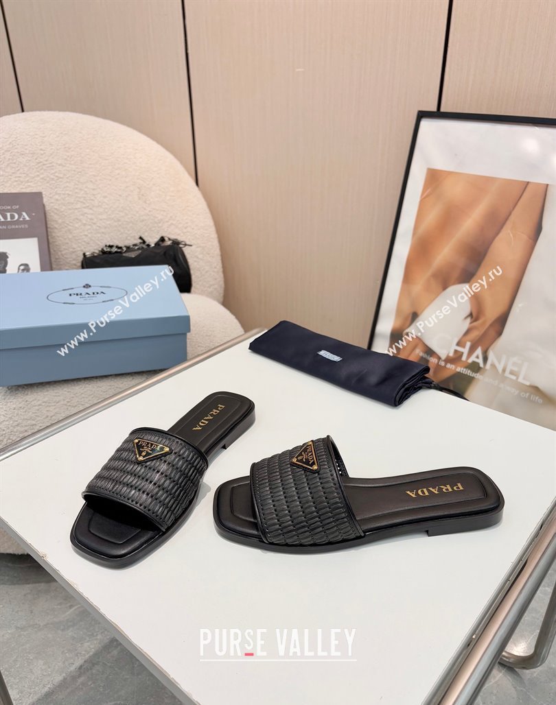 Prada Leather flat slides sandal with crochet details Black 2025 1XX758 (MD-250424140)