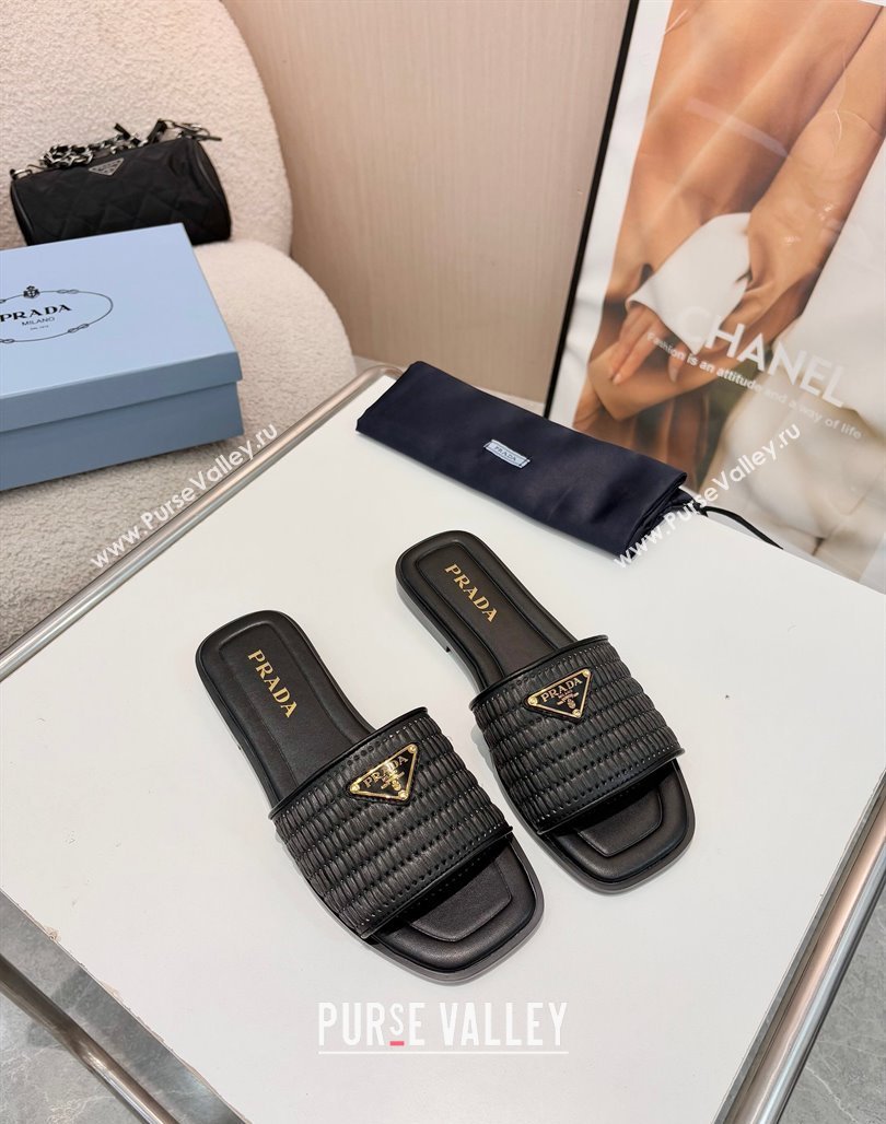 Prada Leather flat slides sandal with crochet details Black 2025 1XX758 (MD-250424140)