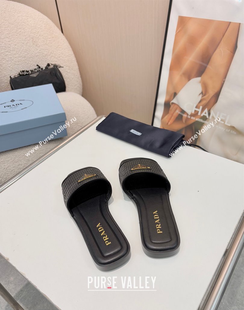 Prada Leather flat slides sandal with crochet details Black 2025 1XX758 (MD-250424140)