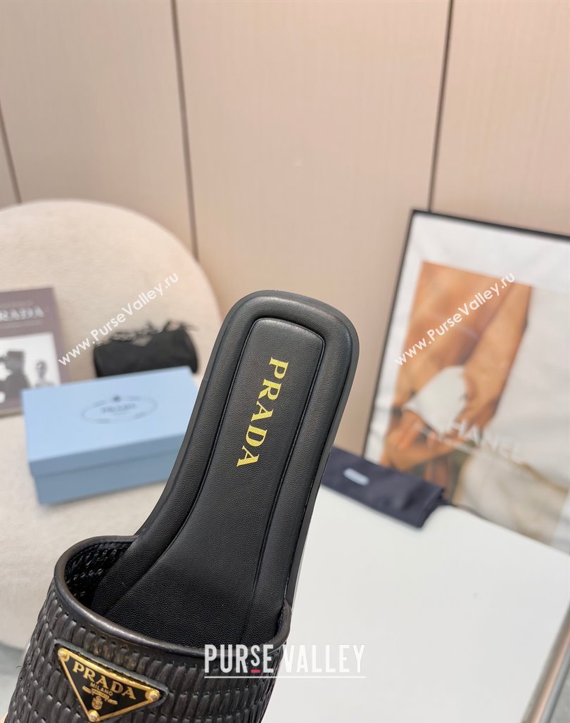 Prada Leather flat slides sandal with crochet details Black 2025 1XX758 (MD-250424140)
