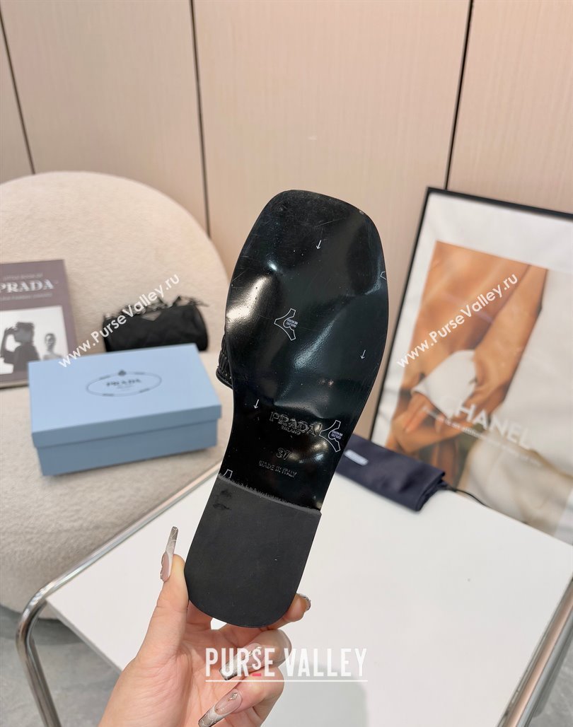 Prada Leather flat slides sandal with crochet details Black 2025 1XX758 (MD-250424140)