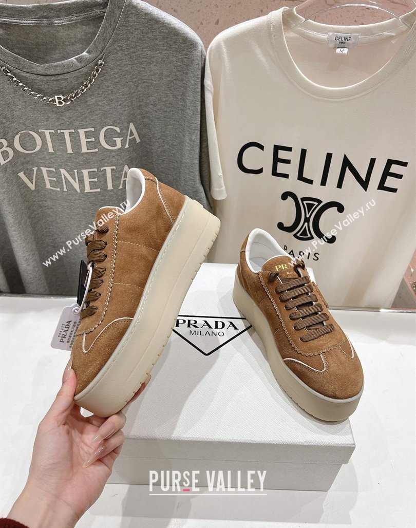 Prada Downtown Bold Suede Sneakers Tan Brown 2025 1E928N (MD-250424090)