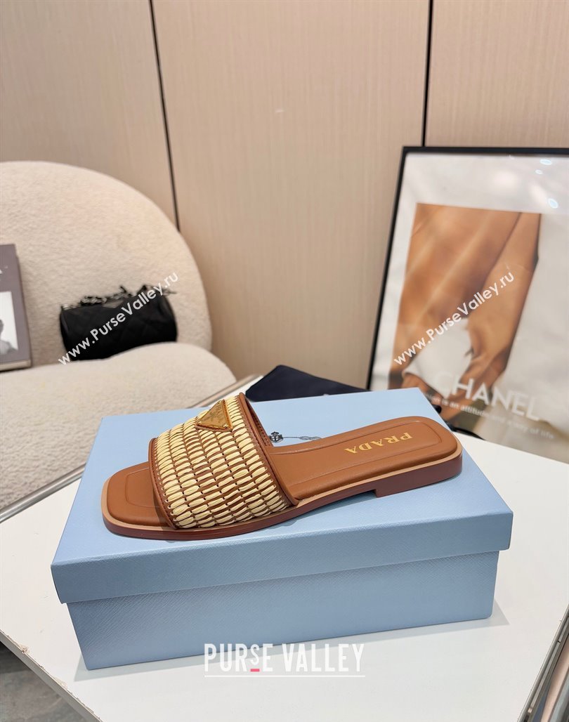 Prada Leather flat slides sandal with crochet details Brown 2025 1XX758 (MD-250424141)